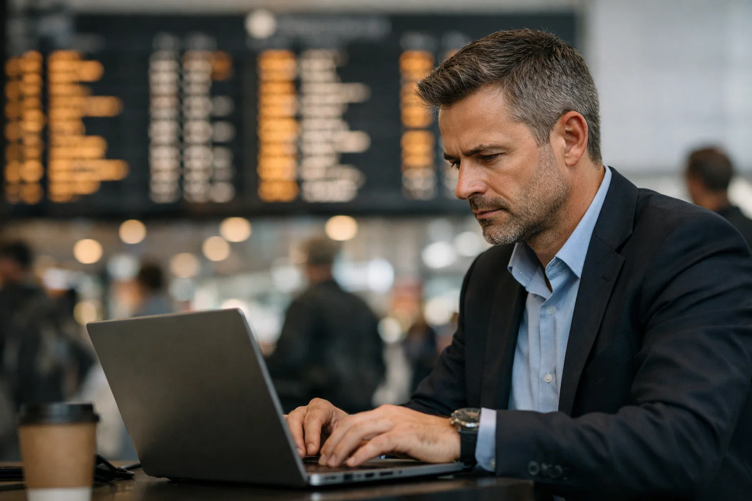 Travel professional working on a laptop with airport departures board in the background.