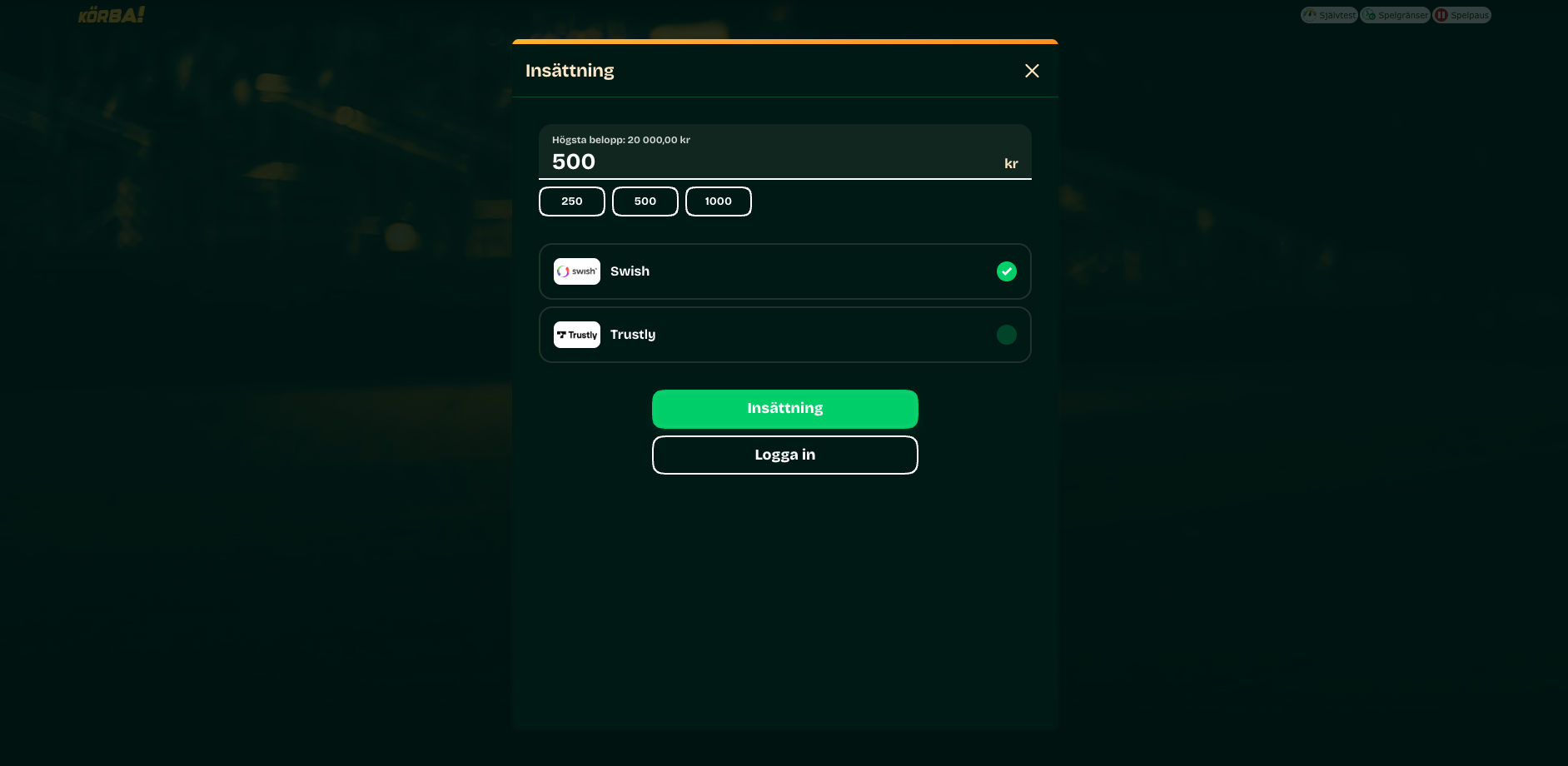 Insättningsruta hos Körba där spelaren kan ange belopp och välja Swish eller Trustly.