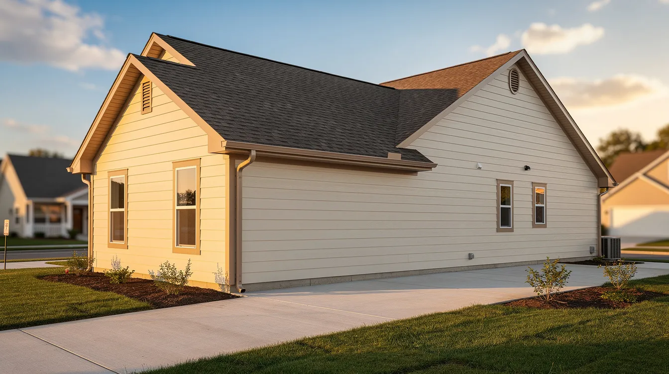 The image showcases a newly constructed home with a clean exterior, featuring color-matched seamless gutters installed along the roofline, enhancing the curb appeal of the property in a residential neighborhood. This professional gutter installation provides long-lasting protection against water damage, ensuring that homeowners can enjoy their new home without worries about leaks or clogs.