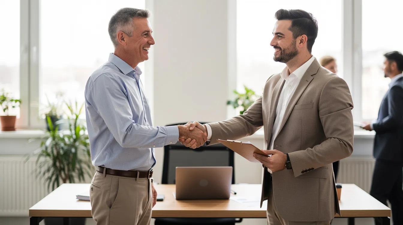 A small business owner and a sales representative are shaking hands in a bright office setting, celebrating the successful closing of a business funding deal. The image captures a moment of mutual respect and professionalism, highlighting the importance of transparency and support in small business growth for a lot of people today.