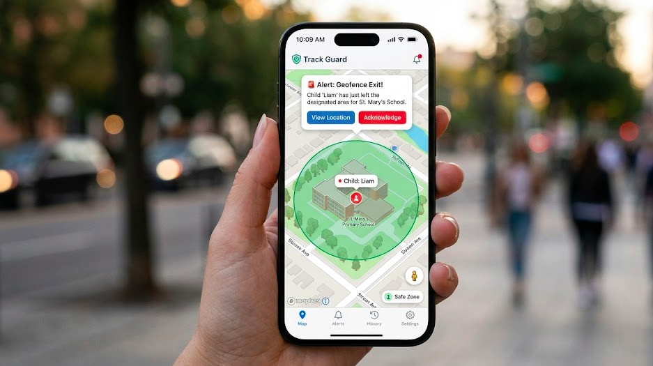 GPS tracker app showing geofence alert around a school on a smartphone
