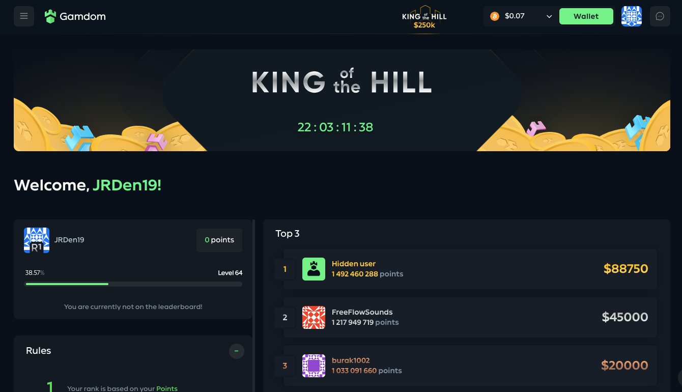 King of the Hill - Gamdom - gamdom Casino - welcome bonuses - payment methods - gamdom review - wagering requirements - 