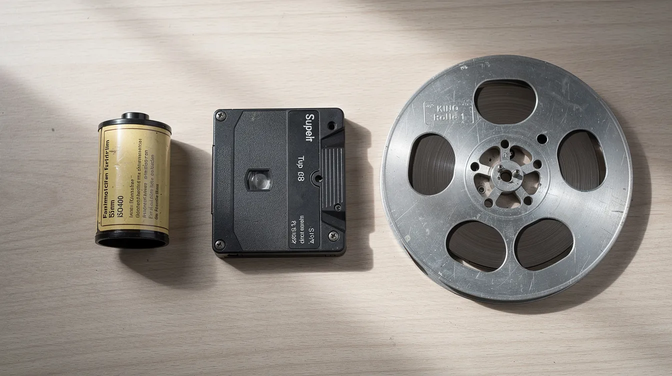 Auf einem hellen Holztisch liegen drei verschiedene Filmformate nebeneinander: eine klassische 35mm-Filmpatrone in gelblicher Verpackung, eine schwarze Super-8-Kassette und eine große silberne Kinofilmspule aus Metall. Diese Artikel repräsentieren verschiedene Größen und Farben von Filmprodukten, die für Filmprojektoren verwendet werden können.