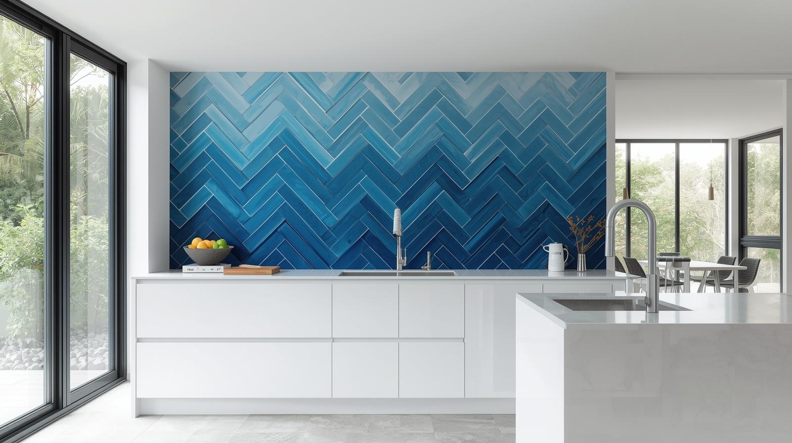 Full modern kitchen with a chevron tile backsplash in layered blue tones from light sky blue to deep cobalt, wide grout lines in crisp white, sleek cabinetry, large windows, clean contemporary interior