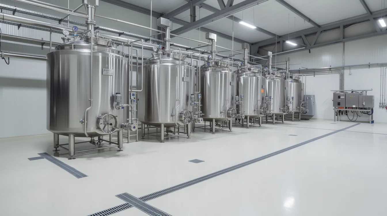 The image depicts a modern food processing plant featuring large stainless steel industrial vessels and intricate piping systems, essential for the efficient manufacturing process of products like dextrose monohydrate. This setup highlights the advanced technology used in the food and beverage industry to ensure quality control and meet rising market demand.