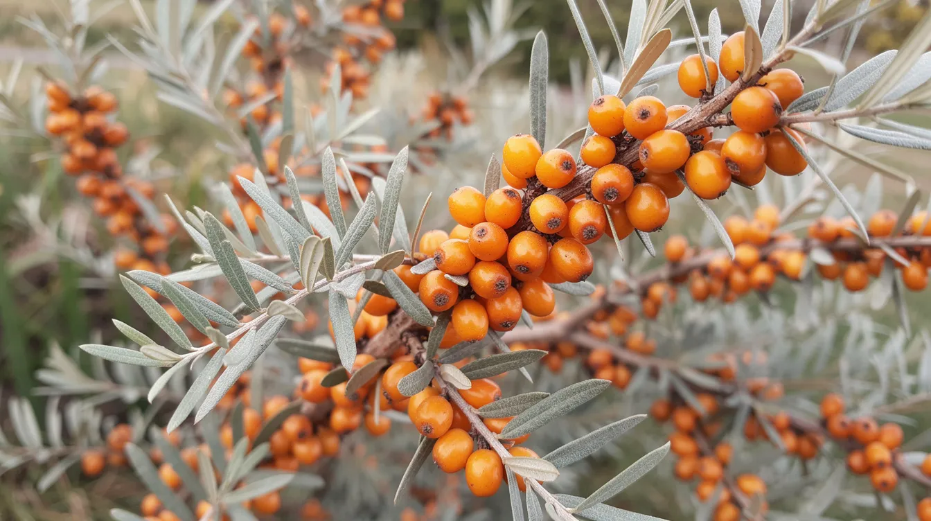 The image features a sea buckthorn shrub adorned with vibrant orange berries and silvery-green leaves, showcasing its role as a nitrogen fixing shrub that enhances soil fertility. This deciduous plant thrives in well-drained sandy soils, contributing to nutrient cycling and supporting the growth of other native plants in the ecosystem.