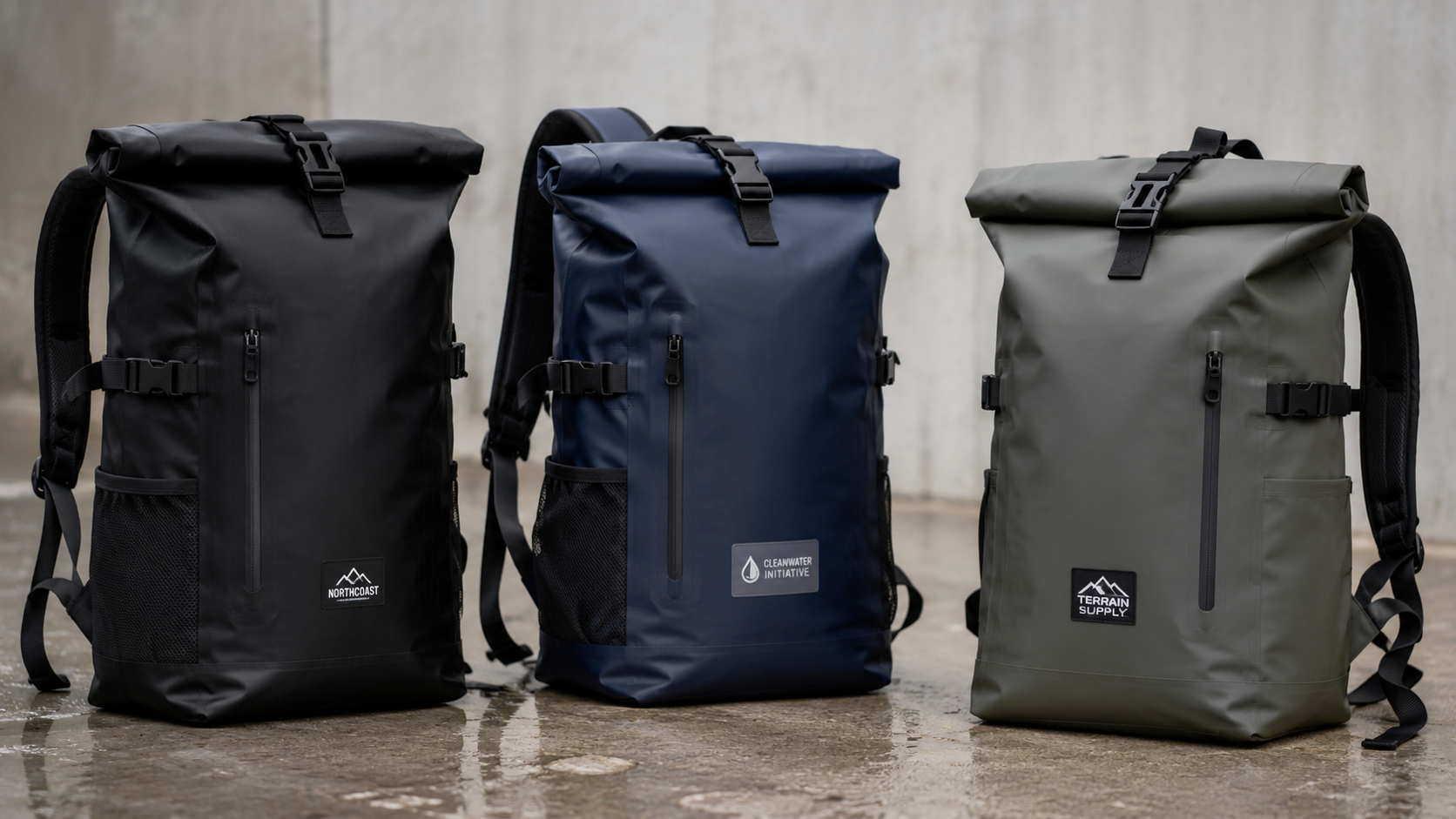 Three roll-top dry bag backpacks standing on a wet surface