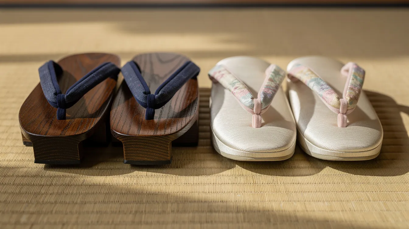 A close-up view of traditional Japanese footwear, featuring wooden geta sandals next to elegant zori sandals, resting on a tatami floor. These sandals are often worn with formal kimono or casual yukata, reflecting the essence of traditional Japanese clothing.