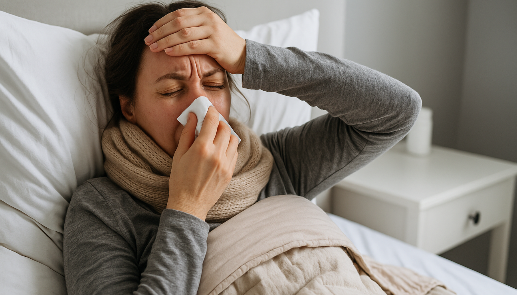 Kvinne ligger syk i sengen med skjerf, holder seg til hodet og nesa med serviett, tydelig preget av influensa og feber.