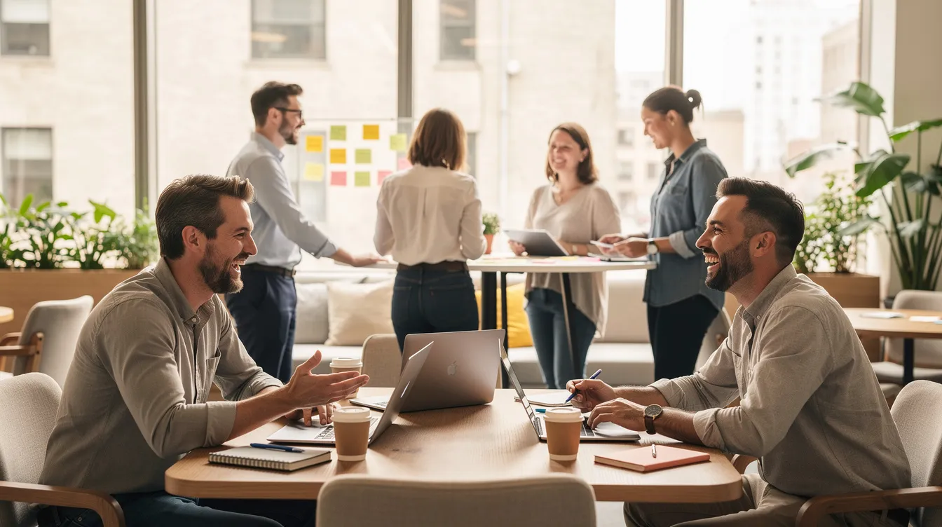 L'image montre un espace de travail collaboratif moderne où des professionnels échangent de manière détendue, illustrant l'importance du coaching commercial pour améliorer les performances des équipes de vente. Cet environnement favorise la confiance et le développement des compétences, contribuant ainsi à l'atteinte des objectifs de chiffre d'affaires.