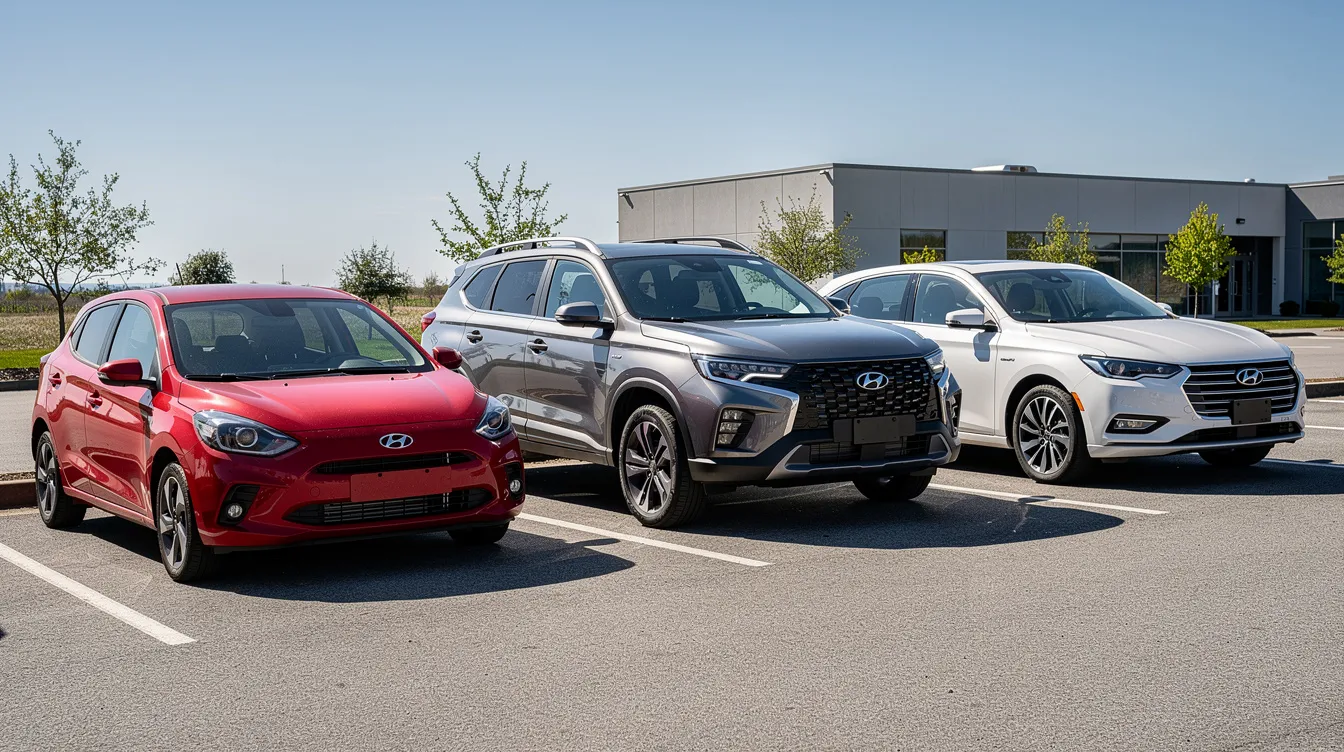 In un parcheggio soleggiato, sono allineate diverse tipologie di auto: una citycar rossa, un SUV grigio e una berlina bianca, simboli di opzioni disponibili per il noleggio auto a Casablanca, Marocco. Le vetture, disposte in modo ordinato, offrono una scelta variegata per chi cerca un mezzo per il proprio viaggio.