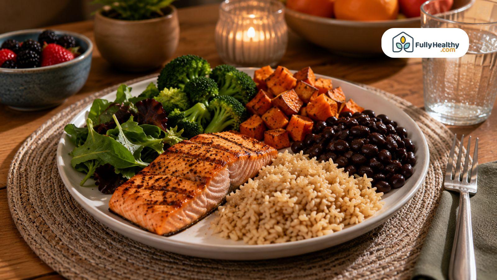 Balanced dinner with salmon brown rice beans and vegetables for healthy digestion