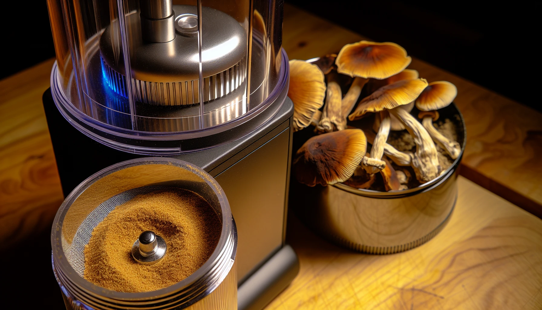 Dried magic mushrooms and a coffee grinder