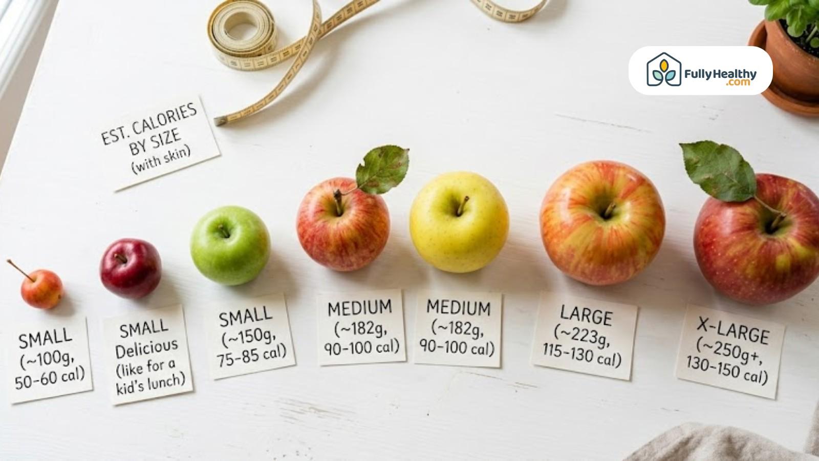 Apples of various sizes labeled with estimated calories and weights chart