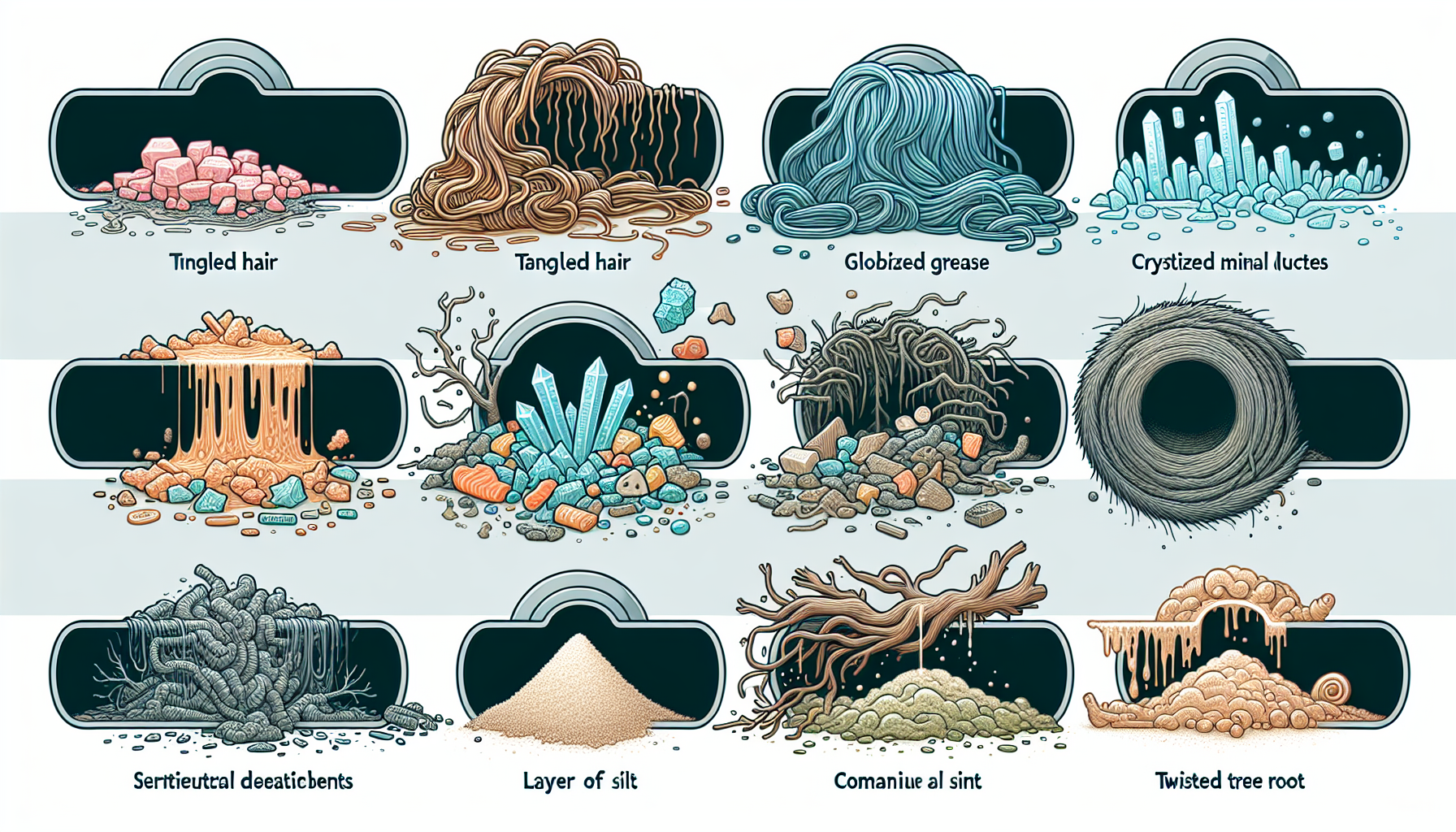 Illustration of different types of clogs and debris that can be removed by hydro jetting