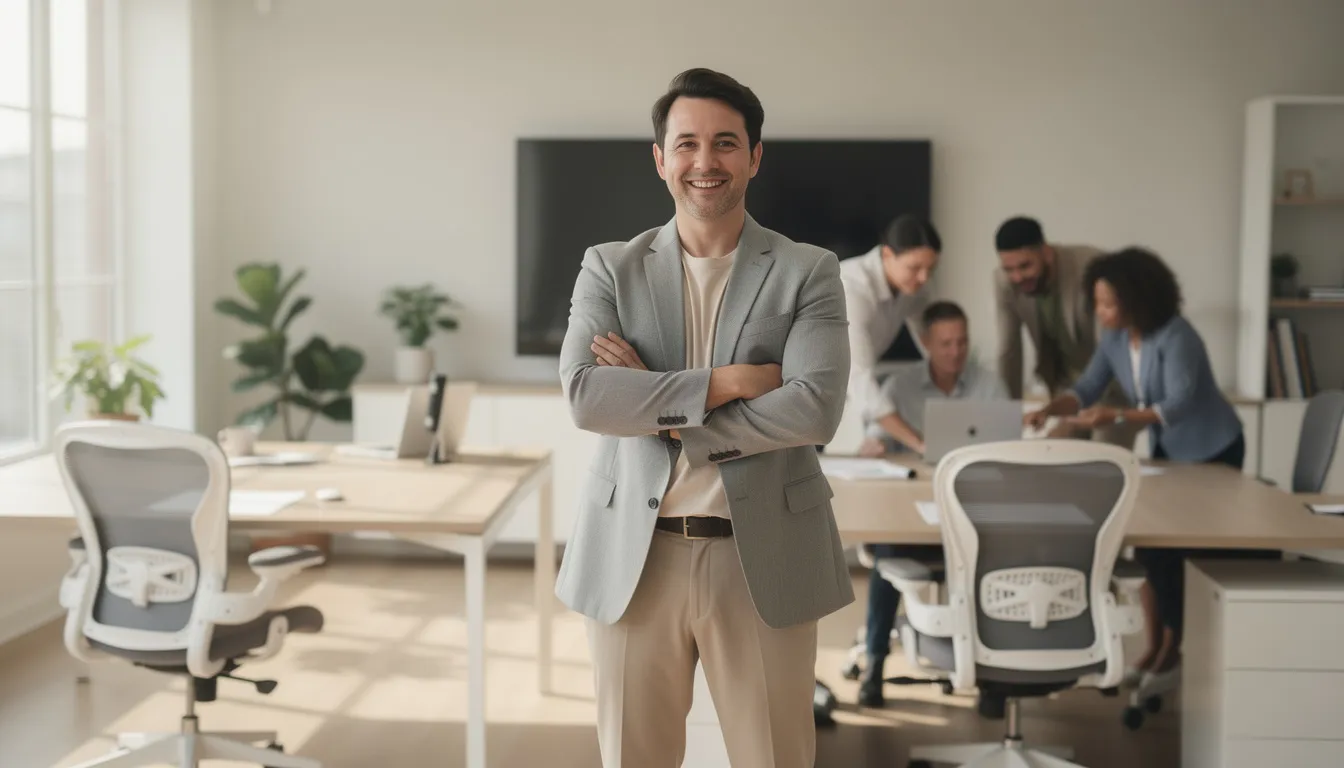 The image depicts a small business owner standing confidently in a modern office, smiling after securing business funding after being referred with priority. The well-lit workspace, featuring organized desks and collaborative team members in the background, conveys a sense of growth, innovation, and optimism in the realm of business financing.