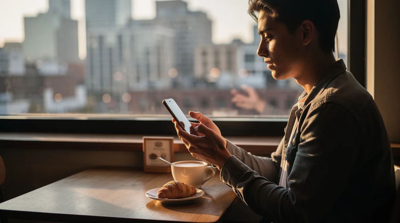 A person is sitting at a cafe table, holding a smartphone with a view of a city skyline through the window behind them. This scene captures the essence of modern life, where mobile money services like airtel money enable users to manage their finances, such as paying school fees instantly or transferring money to loved ones.
