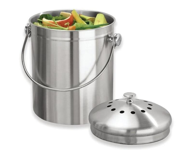 food scraps in a metal dustin 1.3 gallon kitchen composter with no smell