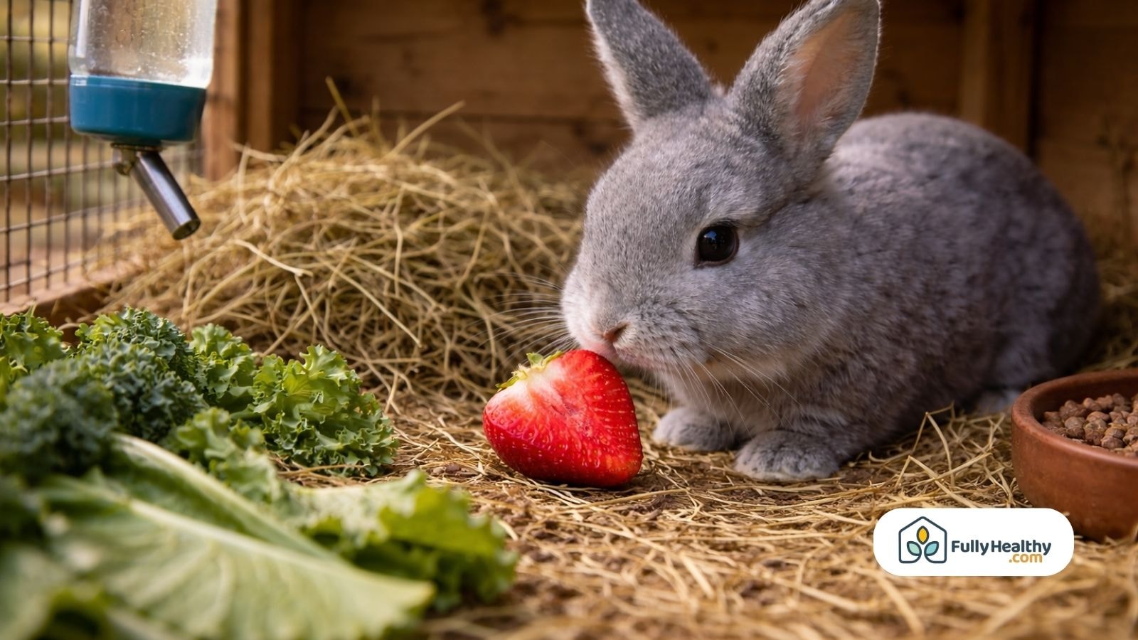 Gray rabbit eating strawberry inside hutch with hay and vegetables