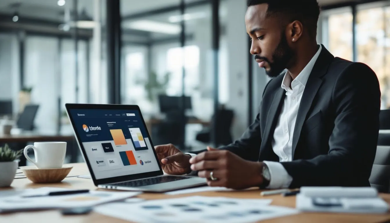 A small business owner is carefully reviewing various brand identity materials, including logo designs and color palettes, to enhance their marketing strategy and build brand awareness. This process is essential for attracting new customers and strengthening their marketing efforts in the competitive landscape of local businesses.