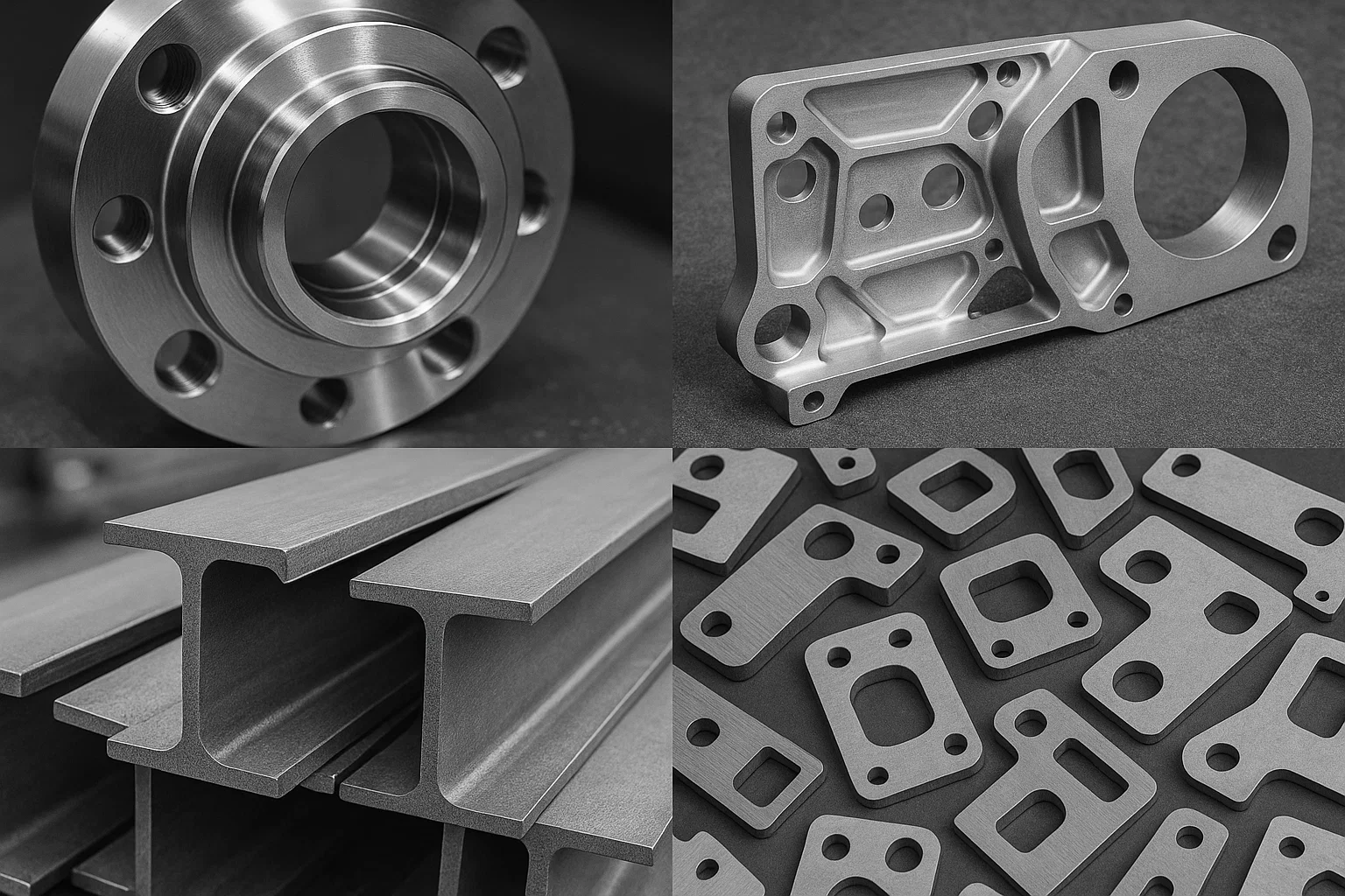 CNC-profiled steel parts used across automotive, aerospace, and construction industries.