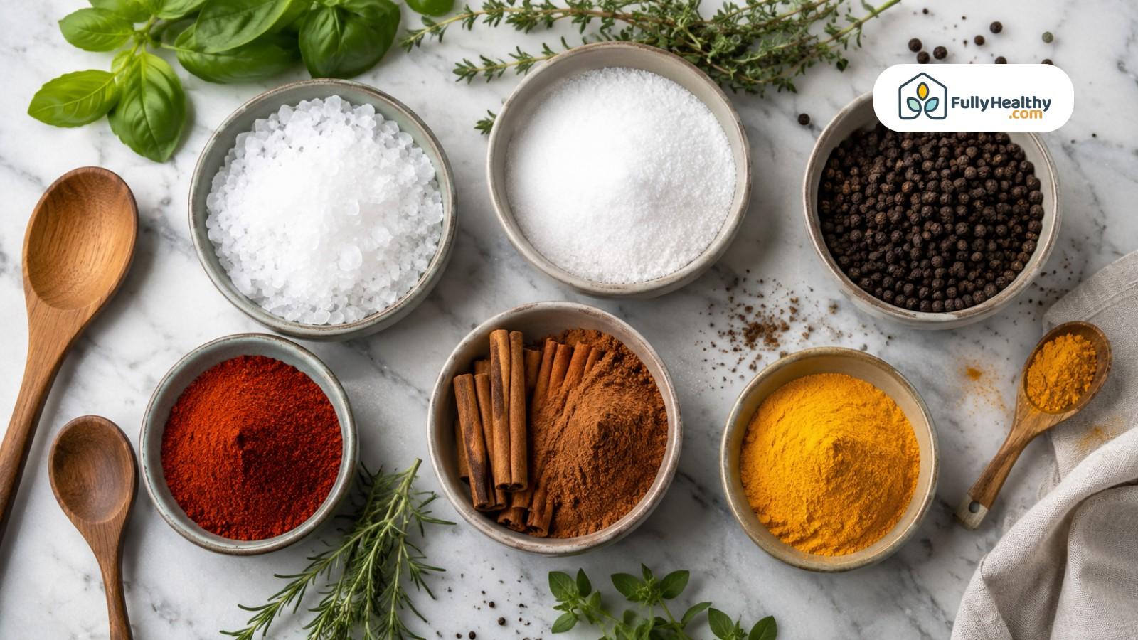 Overhead view of salt and assorted spices arranged in ceramic bowls with herbs
