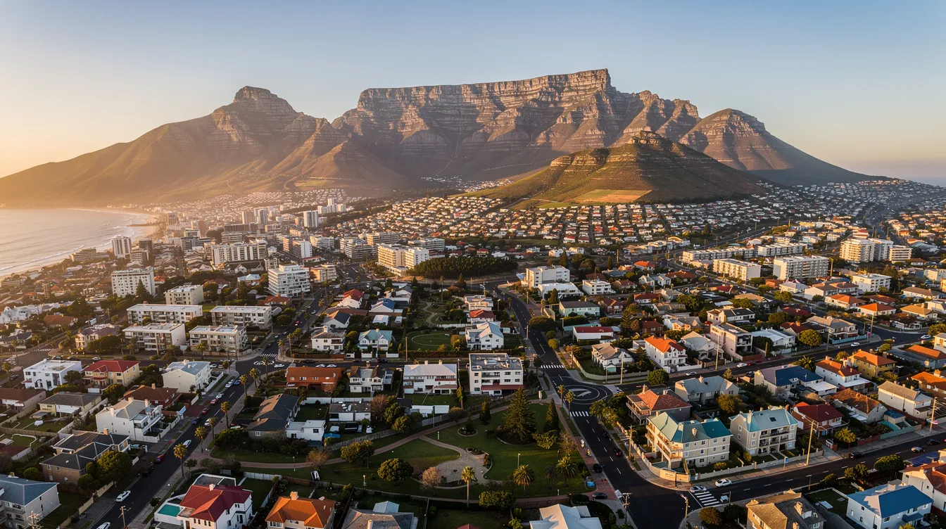An aerial view captures the vibrant Cape Town City Bowl residential neighborhood, framed by majestic mountains in the background. This picturesque setting highlights the area's charm, where residents may seek professional DSTV installation services for their homes, ensuring quality satellite dish installation and optimal signal reception.