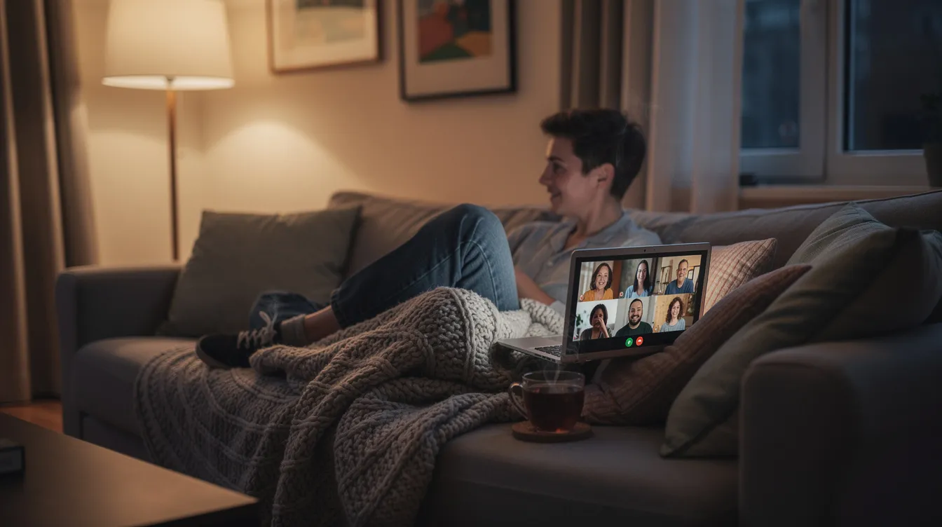A person sits comfortably at home, engaged in a video call on their laptop, with a cup of tea placed nearby, reflecting the importance of mental health and connection with friends. The cozy setting invites a sense of relaxation and support during the conversation.