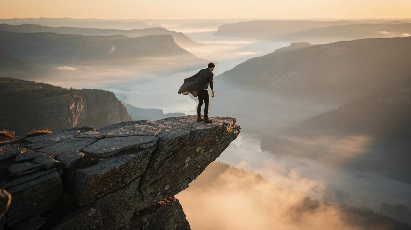 A person stands at the edge of a cliff, gazing out over a vast landscape, embodying the essence of risk-taking and the weight of decision-making. This scene symbolizes the struggle between impulsive behavior and the desire for healthier coping mechanisms, reflecting the complex interplay of personality traits that can predispose individuals to addiction.