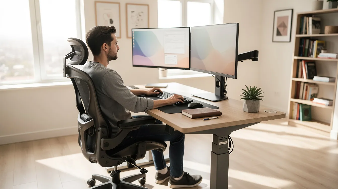 A person is seated comfortably in an ergonomic chair at a well-organized desk, featuring dual monitors on adjustable arms and a standing desk, all set in a bright modern home office that promotes productivity and wellness. The workspace is designed to support good posture and comfort throughout the workday.