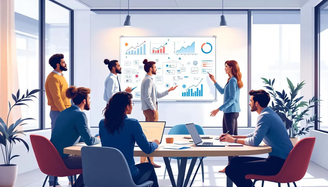 The image depicts a dynamic team of professionals from a creative agency collaborating on a strategic marketing project, showcasing their innovative ideas and ambition to drive growth for brands. The atmosphere is vibrant and focused, reflecting their commitment to delivering real results and building strong identities for their clients in the competitive landscape of the creative industries.