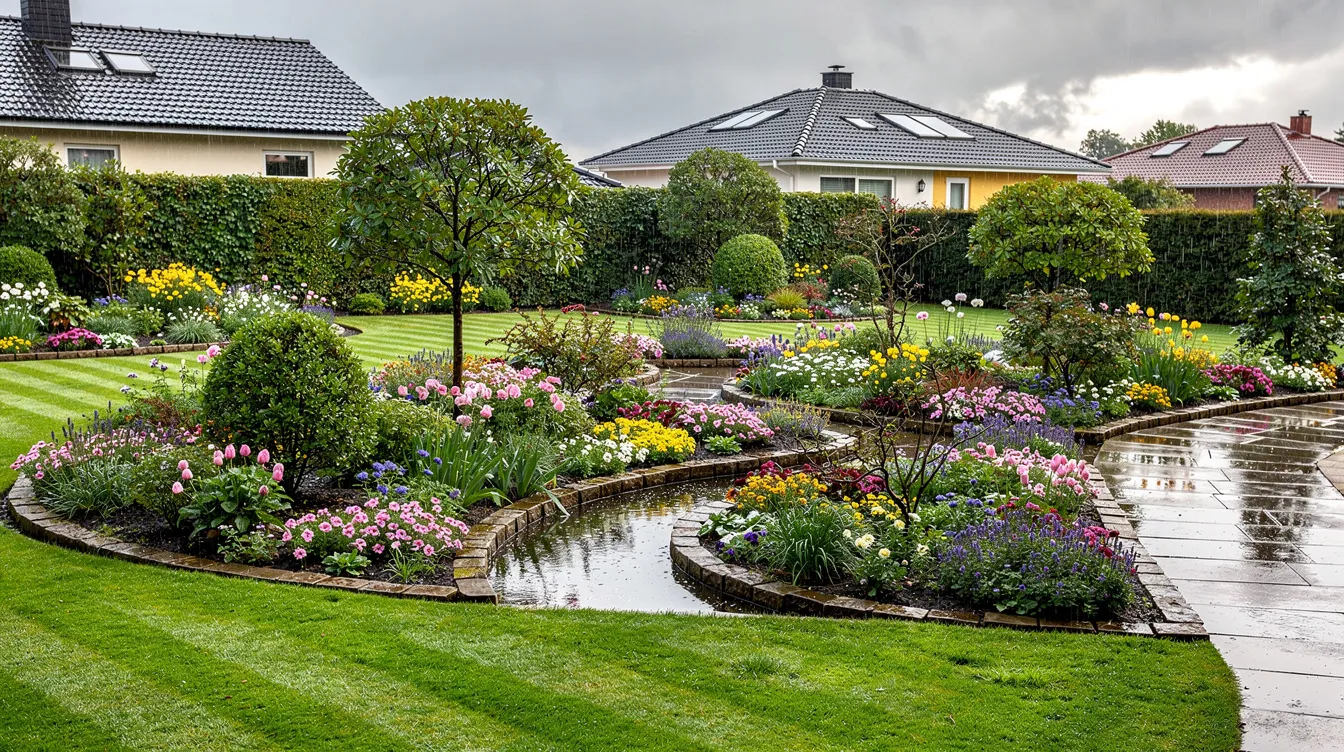 L'image montre un jardin paysager verdoyant avec une pelouse bien entretenue et des massifs fleuris, illuminés par la lumière douce après la pluie. Les eaux de pluie s'infiltrent dans le sol, contribuant à la beauté de cet espace vert dans un quartier résidentiel.