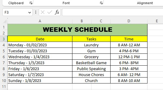 Fill in and customize the Date, Tasks, and Time columns.
