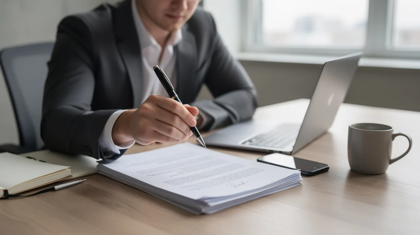 A small business owner is seated at a desk, intently reviewing contract documents with a pen in hand, likely assessing the terms related to personal guarantees and their implications on personal liability in the event of business defaults. The scene reflects the careful consideration required in managing business obligations and securing financing.