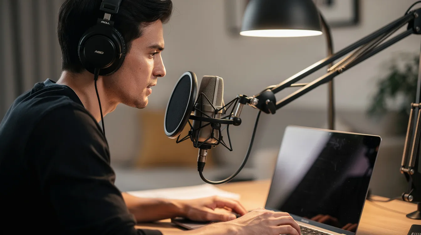 A person wearing headphones is speaking into a microphone while focused on a laptop screen, possibly engaging in an online task or survey that could help them earn extra cash. This scene reflects the growing trend of using online platforms to generate passive income through various activities like completing surveys or testing websites.