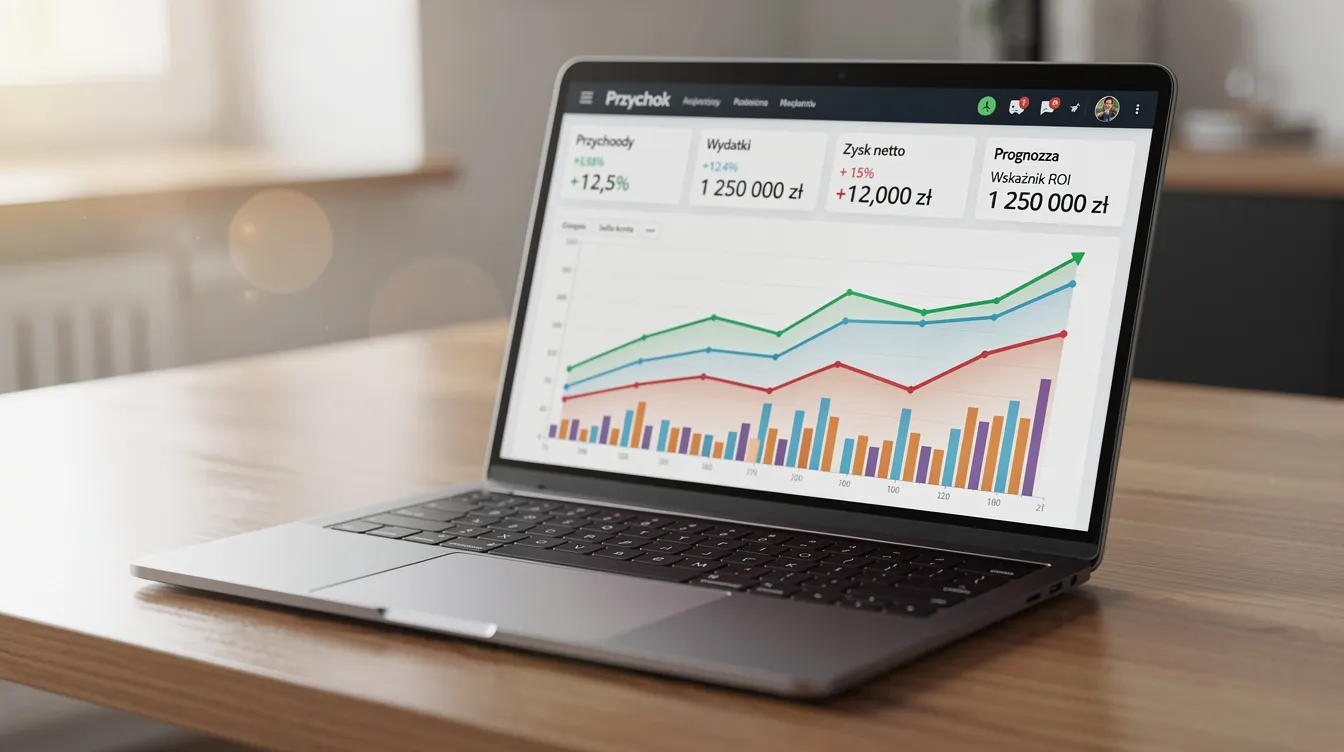 337e2a57 20ac 478d aeb3 200fb803db7c Na obrazie widoczny jest laptop z otwartym dashboardem finansowym, który prezentuje różnorodne wykresy i wskaźniki dotyczące kontrolingu kosztów oraz raportowania zarządczego. Interfejs ukazuje analizę danych finansowych, co jest istotnym zadaniem dla kadry zarządzającej w przedsiębiorstwie.