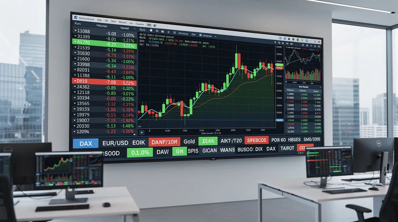 Das Bild zeigt einen Finanzmarkt-Bildschirm in einem Büro, auf dem Kursbewegungen und Handelsdaten angezeigt werden. Die Informationen umfassen wichtige Daten zu Goldpreisen, die für Anleger von Bedeutung sind, insbesondere in Bezug auf die Geldanlage in Gold und die aktuellen Schwankungen auf den Märkten.