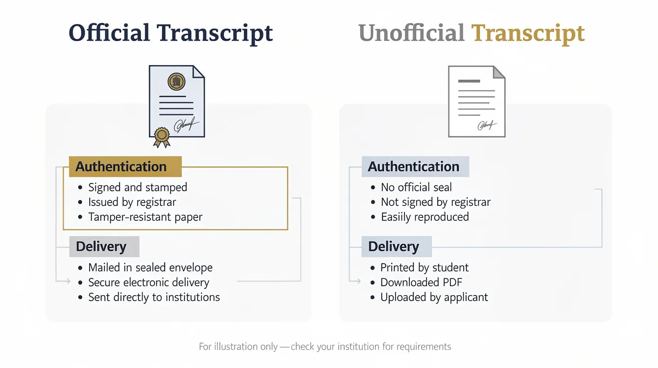 This infographic illustrates the key differences between official and unofficial transcripts, highlighting aspects such as authentication, delivery methods, and the importance of official transcripts for job applications. It emphasizes that official transcripts typically include a registrar's signature and school seal, whereas unofficial ones are often used for personal reference and may not be accepted in formal situations.