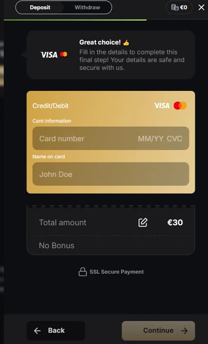 Bank card account replenishment page