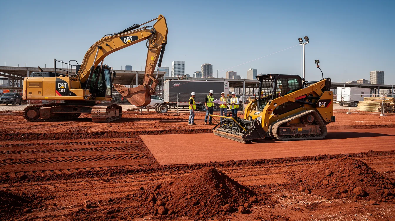 A wide-angle view of a heavy CAT hydraulic excavator and a modern track skid steer with a laser grading attachment are actively working at a construction site in Oklahoma City, surrounded by deep red dirt and a professional crew in high-visibility vests. The scene captures the essence of precision grading services under a sunlit sky, emphasizing the commitment to proper drainage and minimizing environmental impact.