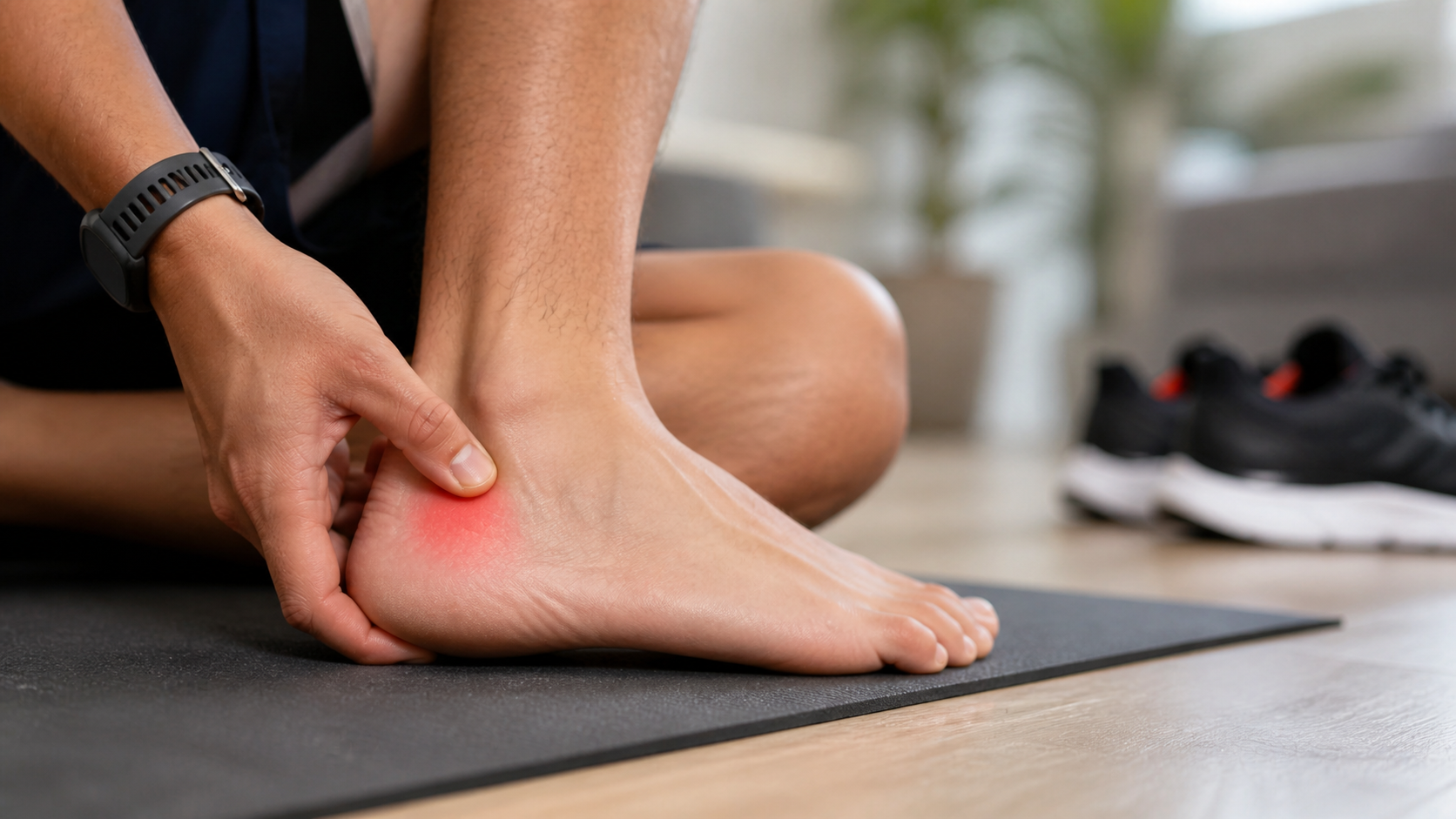 Person holding painful heel after activity showing signs of inflammation and discomfort
