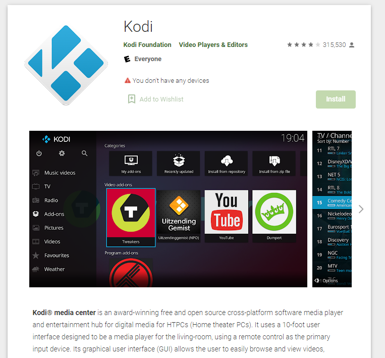 kodi app page for android tv