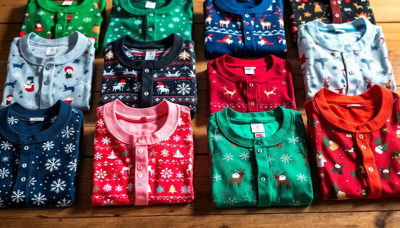 Na drewnianym stole rozłożona jest kolorowa kolekcja świątecznych koszulek, w tym zarówno koszulki damskie, jak i męskie, z różnymi nadrukami. Koszulki te oferują szeroki wybór modeli i kolorów, idealnych na świąteczne prezenty dla bliskich.