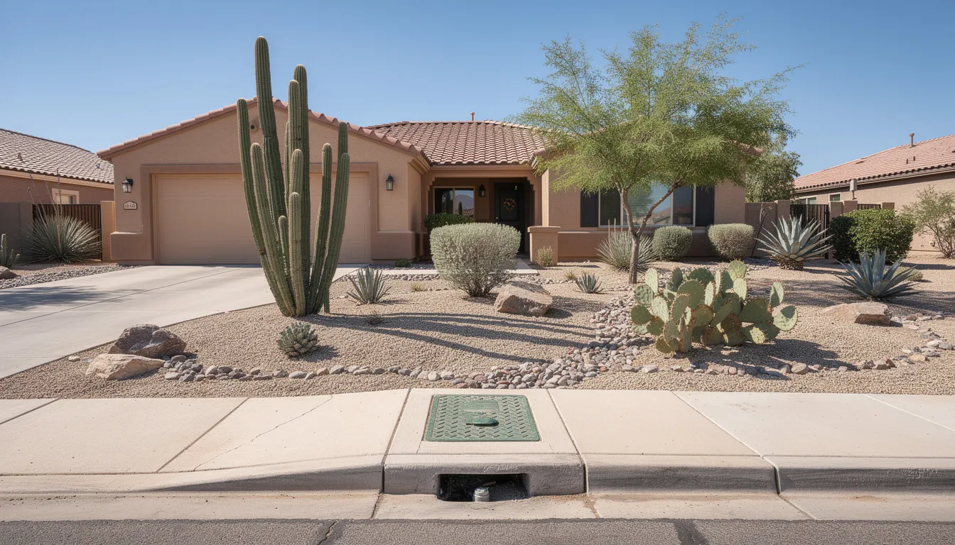 The image depicts a desert residential home with a xeriscaped front yard featuring gravel and cacti, alongside a visible water meter box near the curb, indicating the presence of a water service line. This setting highlights the importance of maintaining plumbing systems, particularly for water line repairs and replacements.