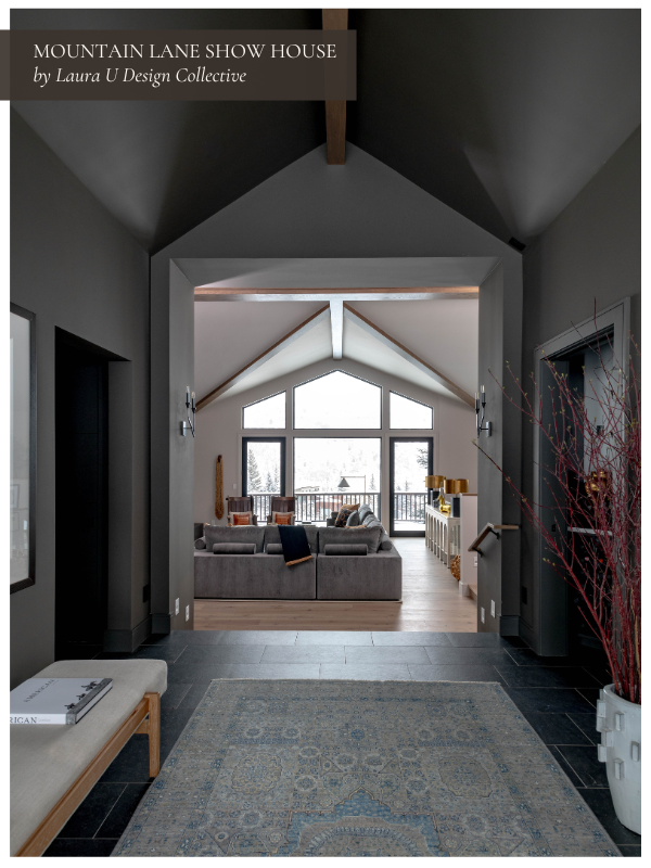 The entryway opens into a living space with vaulted ceilings and large picture windows framing a snowy mountain view. A soft rug and layered textures balance the dark walls, creating a warm mountain retreat atmosphere.