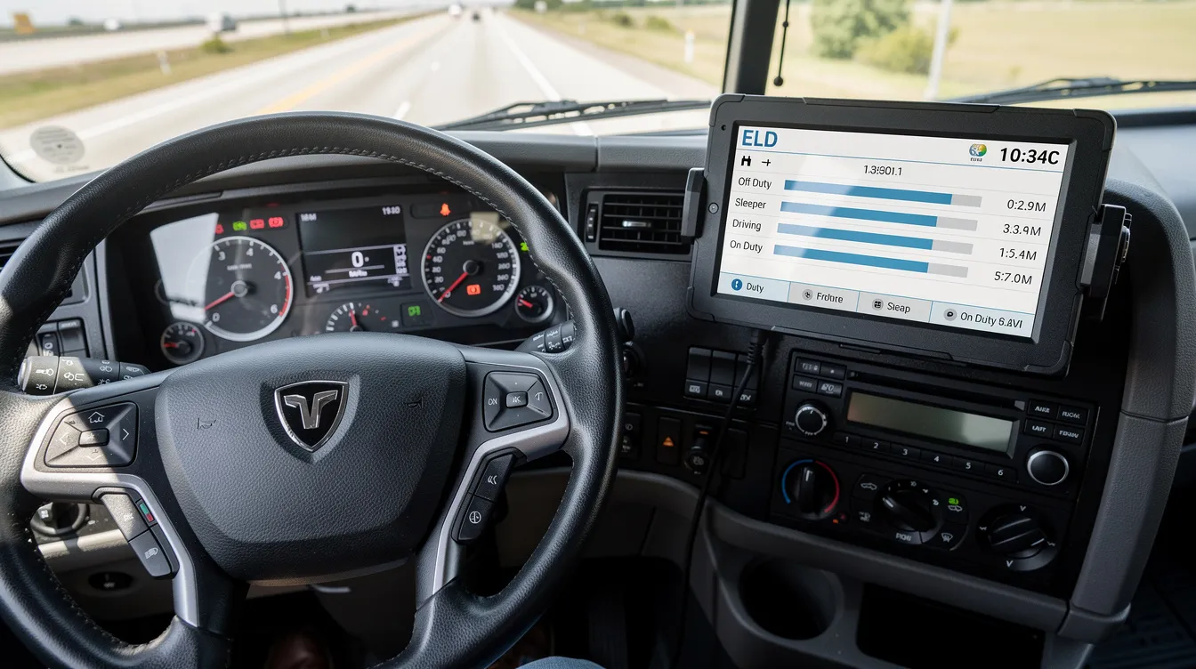 ELD Telematics Installation Services: The image shows a commercial truck dashboard featuring an electronic logging device (ELD) mounted near the steering column, highlighting the importance of ELD compliance for fleet operators.