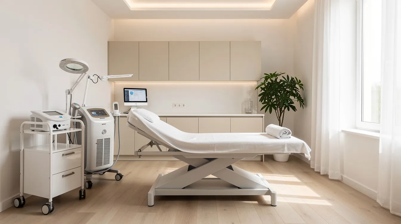 The image depicts a calm clinic treatment room featuring modern aesthetic equipment designed for skin tightening treatments. The serene environment suggests a focus on addressing skin concerns such as sagging skin and loose skin, while promoting a more youthful appearance through non-surgical options like ultrasound skin tightening and radiofrequency energy.