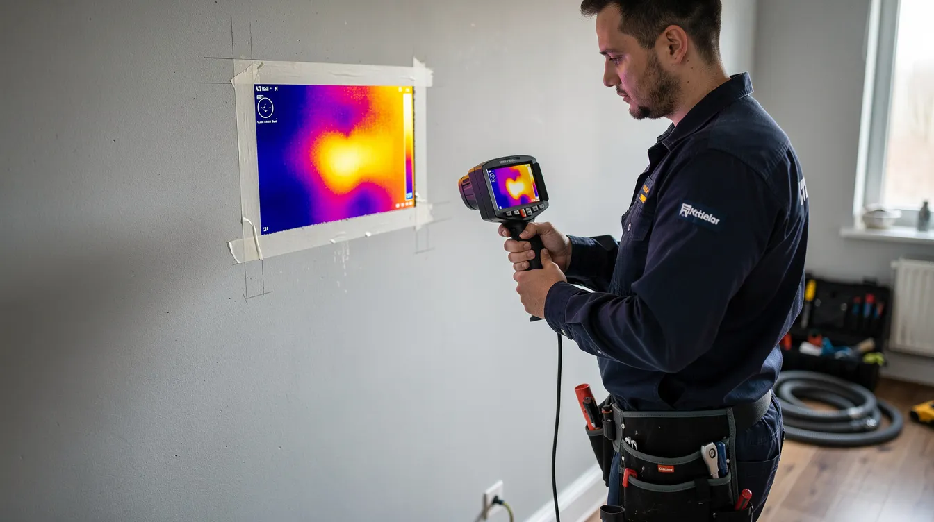 A professional plumber is using a thermal imaging camera to scan a wall for hidden moisture, indicating potential plumbing leaks from leaky pipes or a broken pipe. The camera helps identify areas that may require further inspection to prevent further damage from minor leaks.