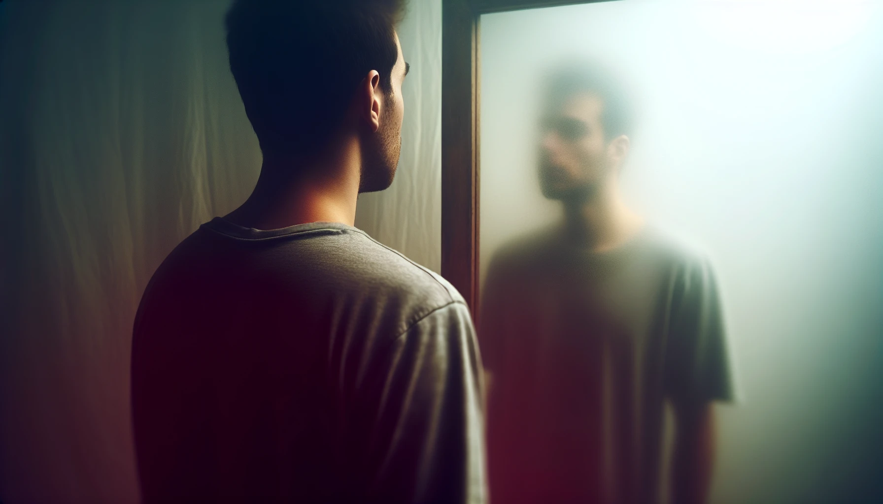 A person looking in the mirror with a puzzled expression, representing difficulty recognizing one's true identity in dissociative fugue