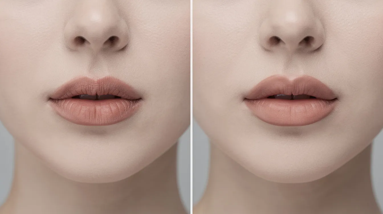 The image showcases a close-up portrait comparison of a woman's lips before and after a lip filler treatment, highlighting the subtle changes in shape and definition. The after photo features a beautifully balanced and defined cupid's bow, enhancing the natural appearance of her lips while maintaining a smooth and youthful look.